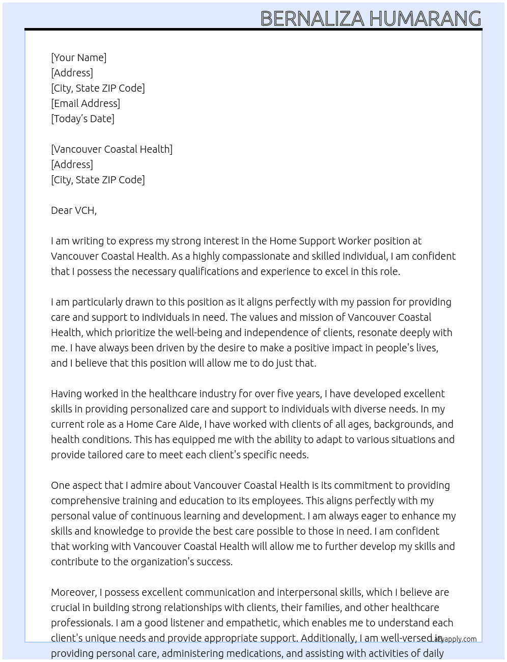 Home support worker At Vancouver Coastal Health Cover Letter