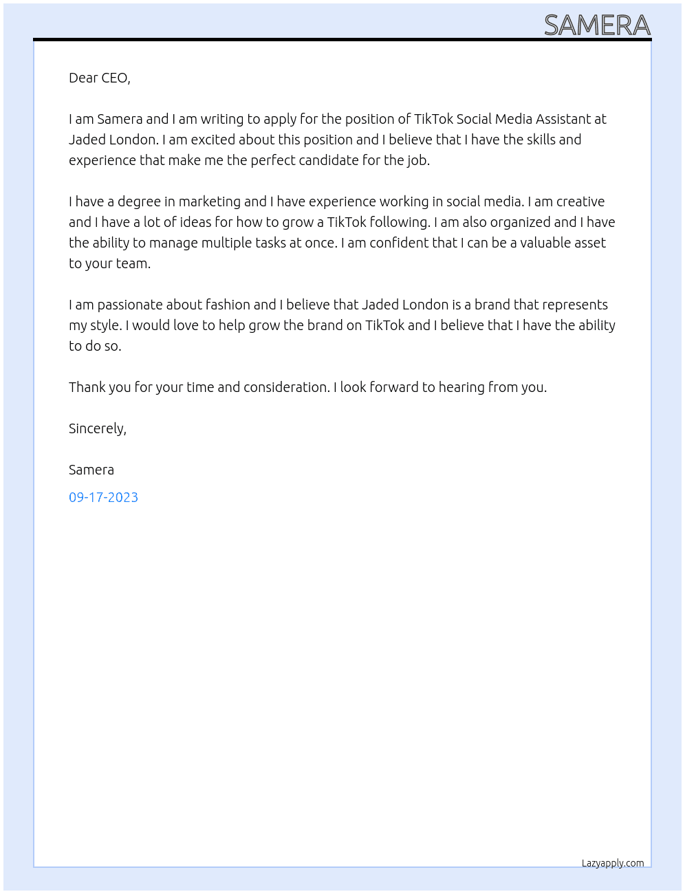 TikTok Social Media Assistant At Jaded London Cover Letter