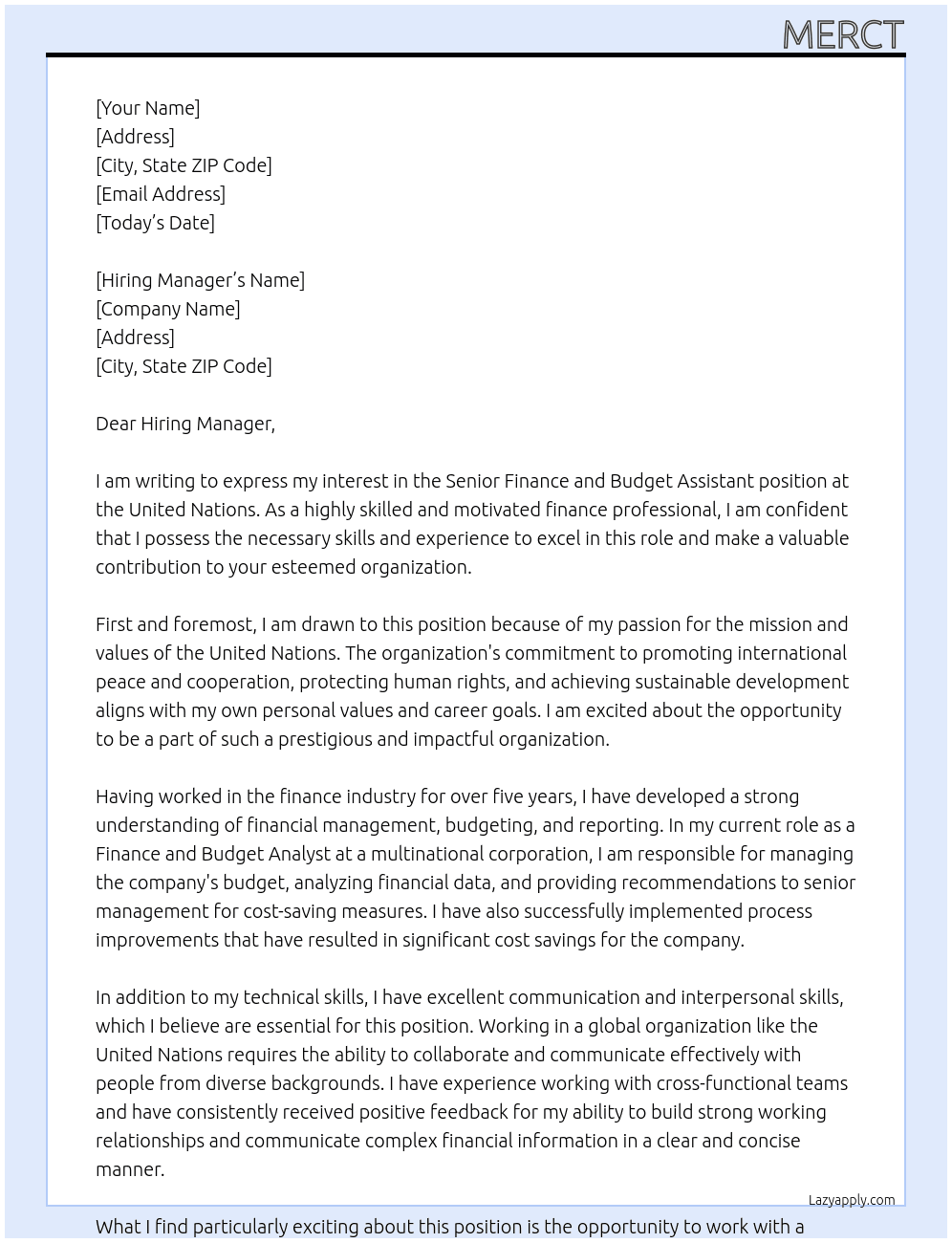 Cover letter for senior finance and budget assistant - LazyApply