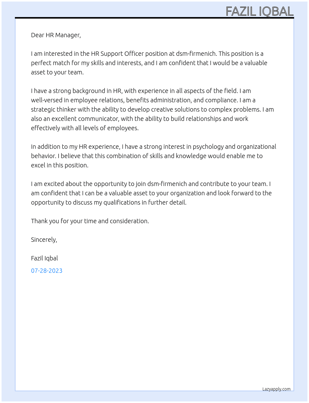 HR Support Officer At dsm-firmenich Cover Letter