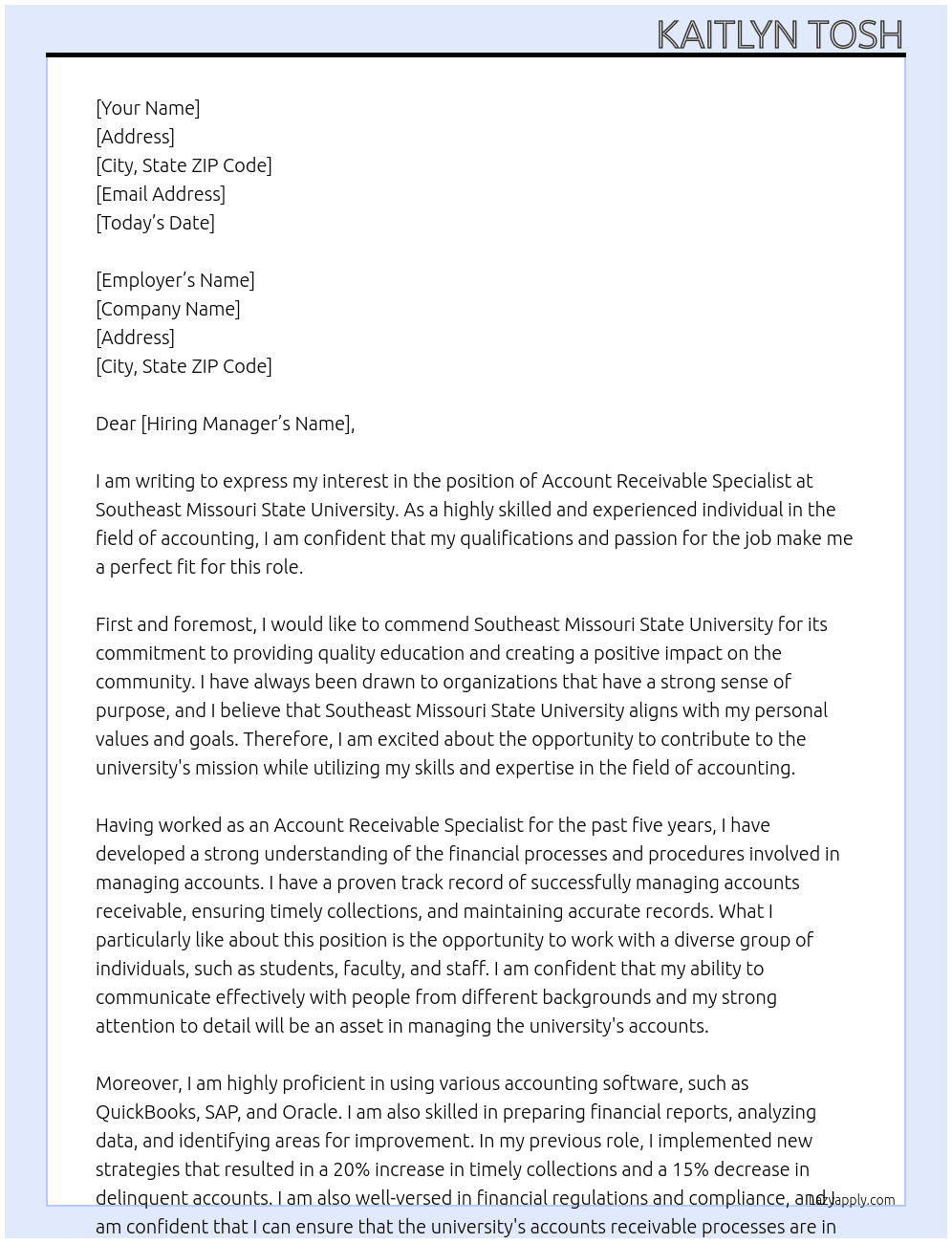 Account recieveable specialist  At Southeast Missouri State University  Cover Letter