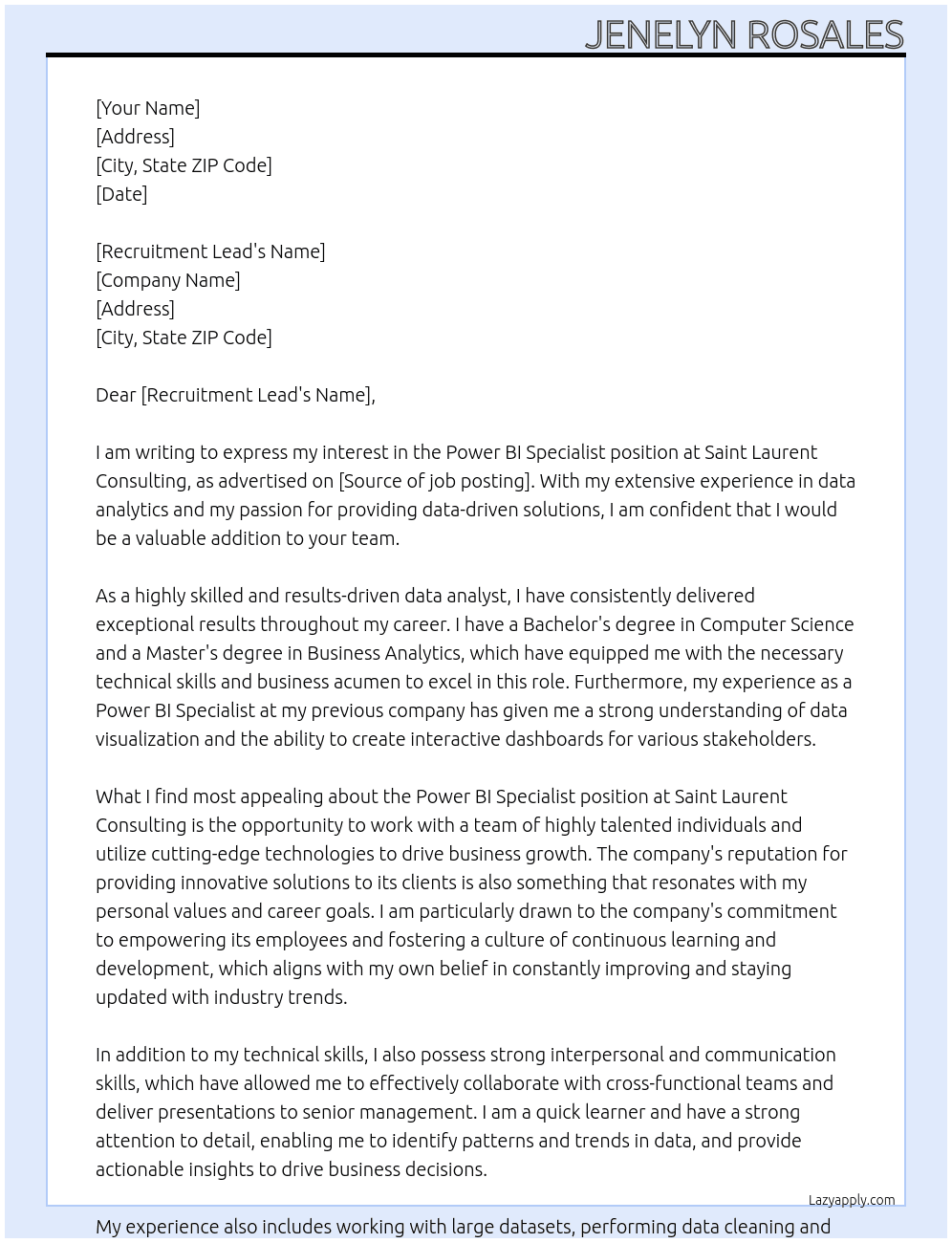 Power BI Specialist At Saint Laurent Consulting Cover Letter