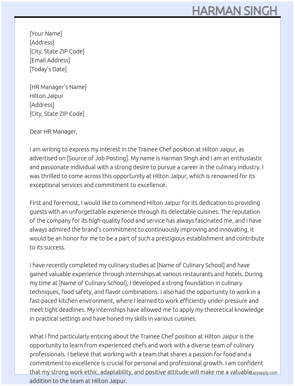 Trainee chef At Hilton Jaipur Cover Letter