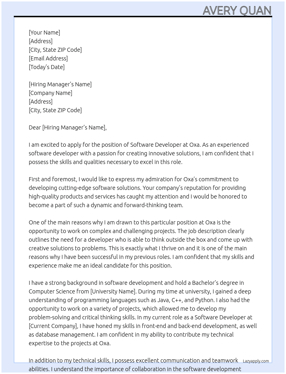 software developer At oxa Cover Letter