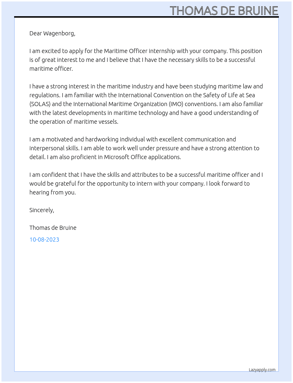 Maritime officer At Wagenborg Cover Letter