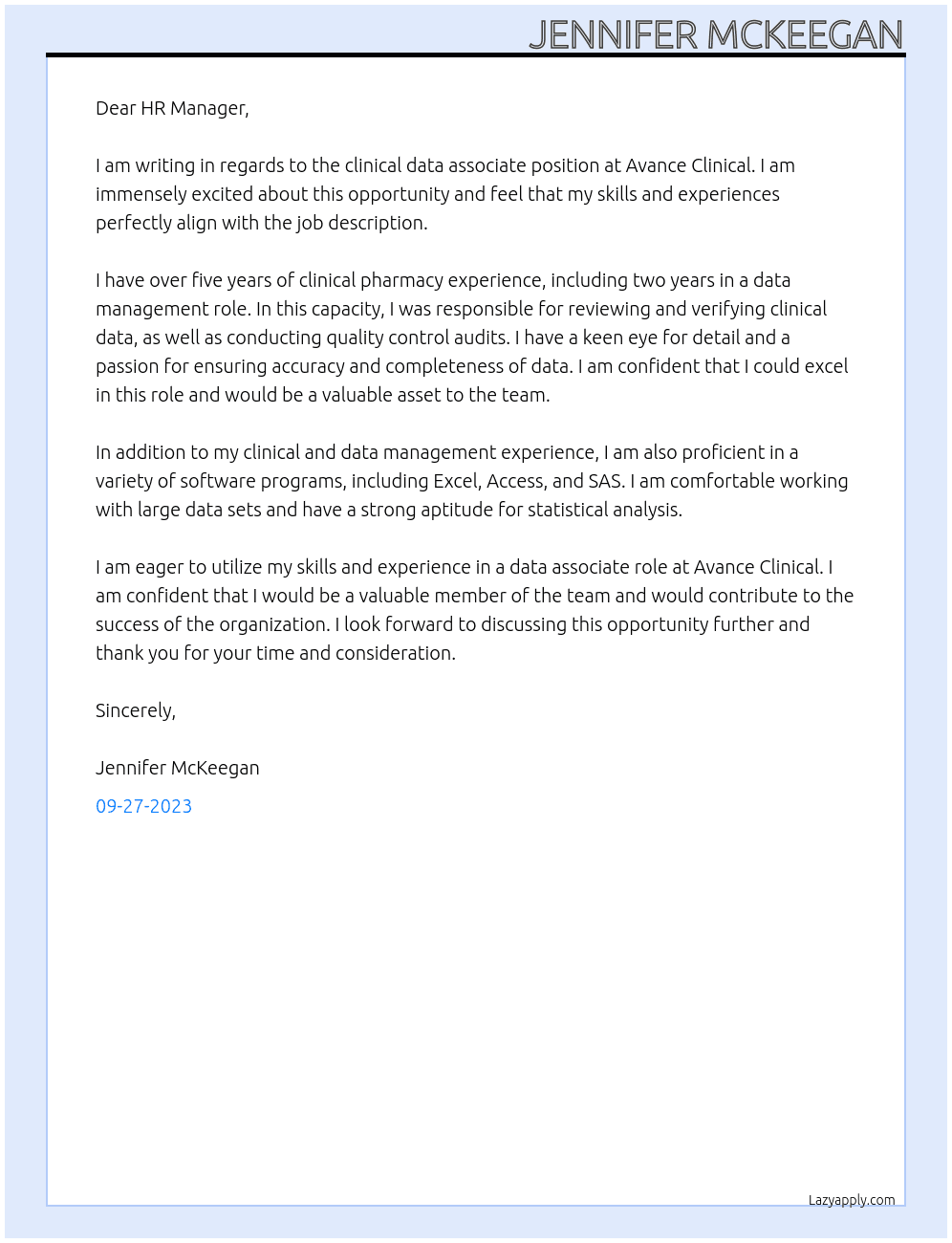 Clinical Data Associate At Avance Clinical Cover Letter