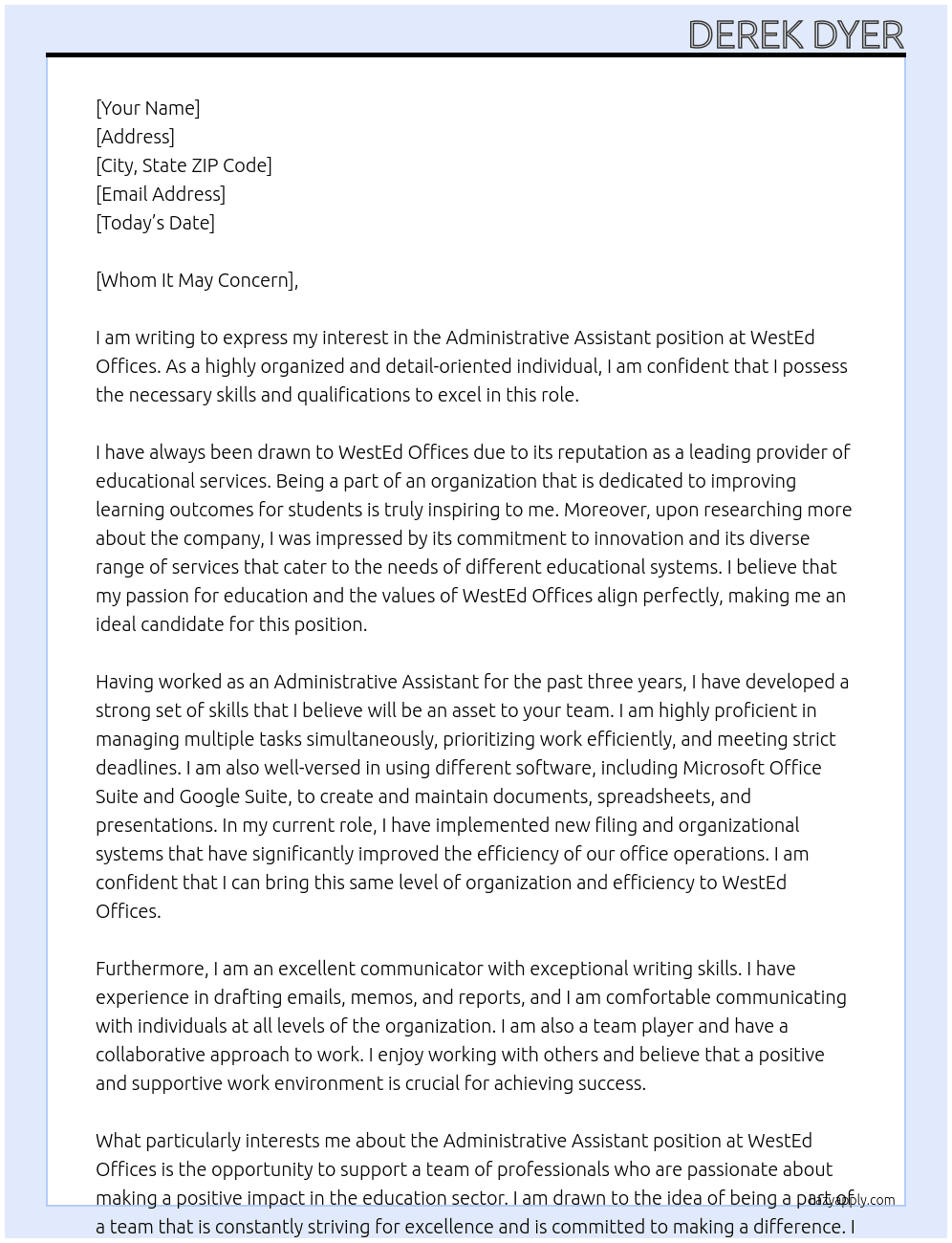 Administrative Assistant At WestEd Offices Cover Letter