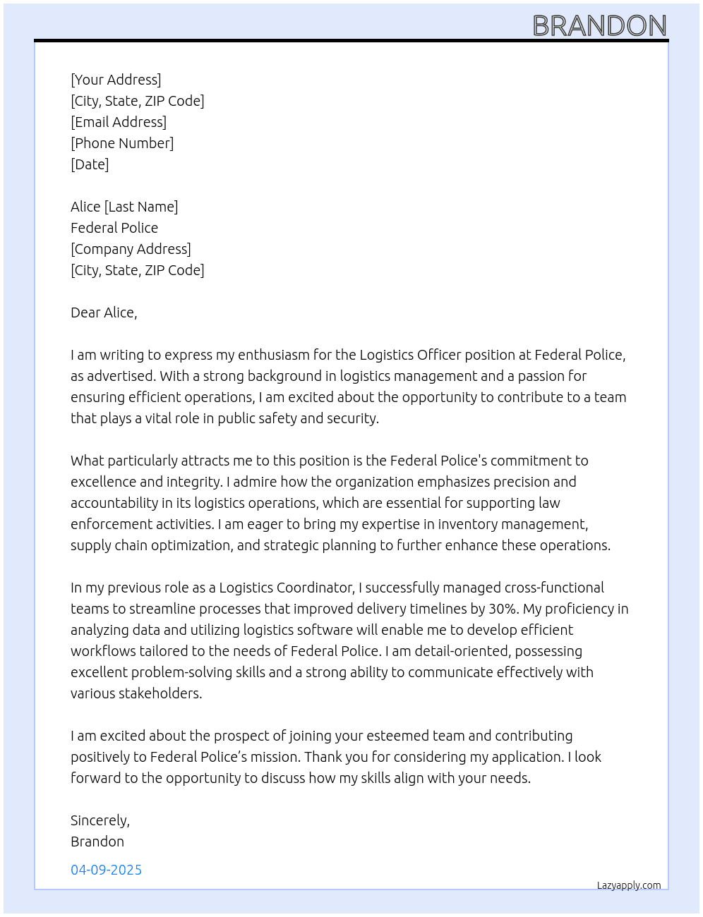 logistics officer At Federal Police Cover Letter