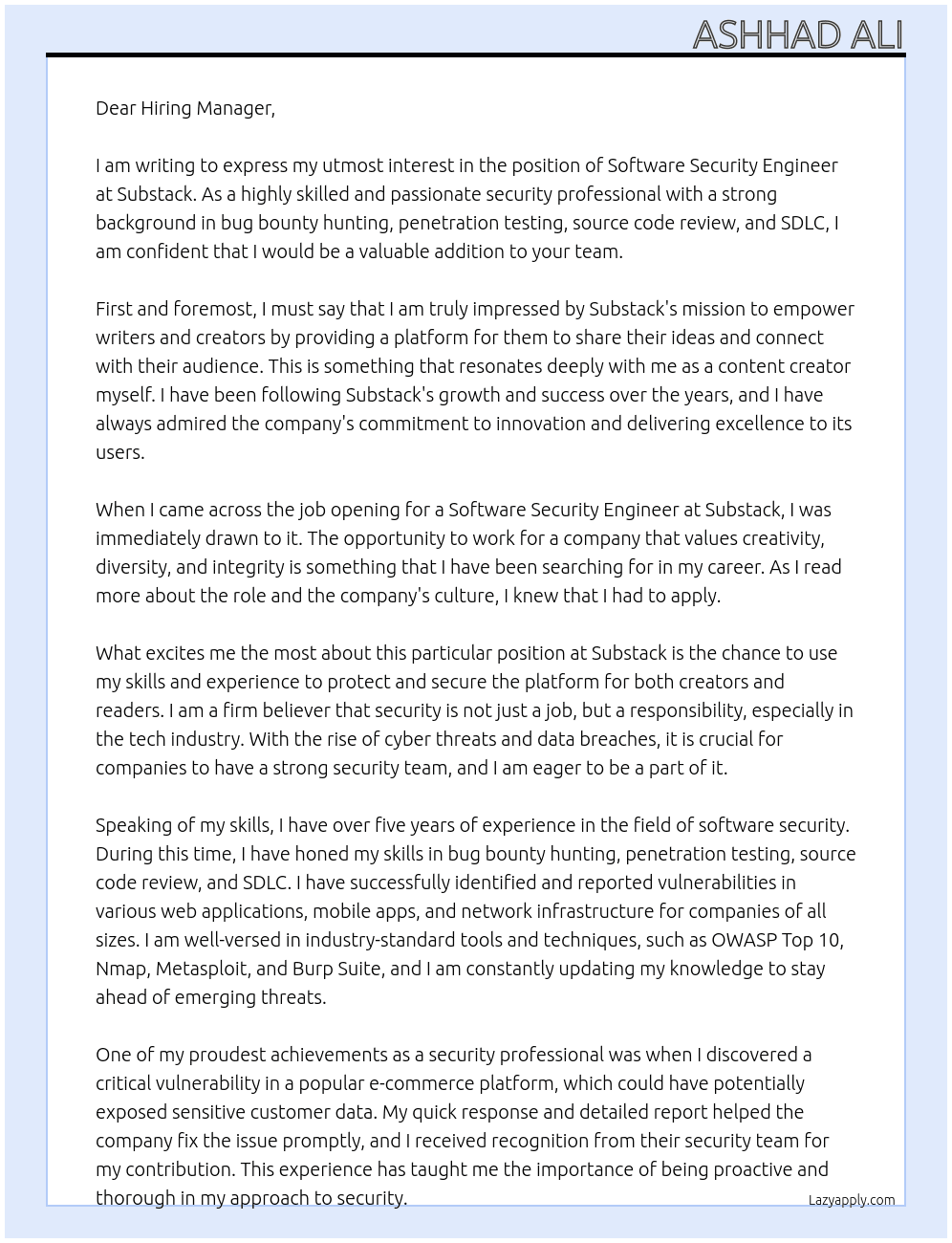 Software Security Engineer At Substack Cover Letter
