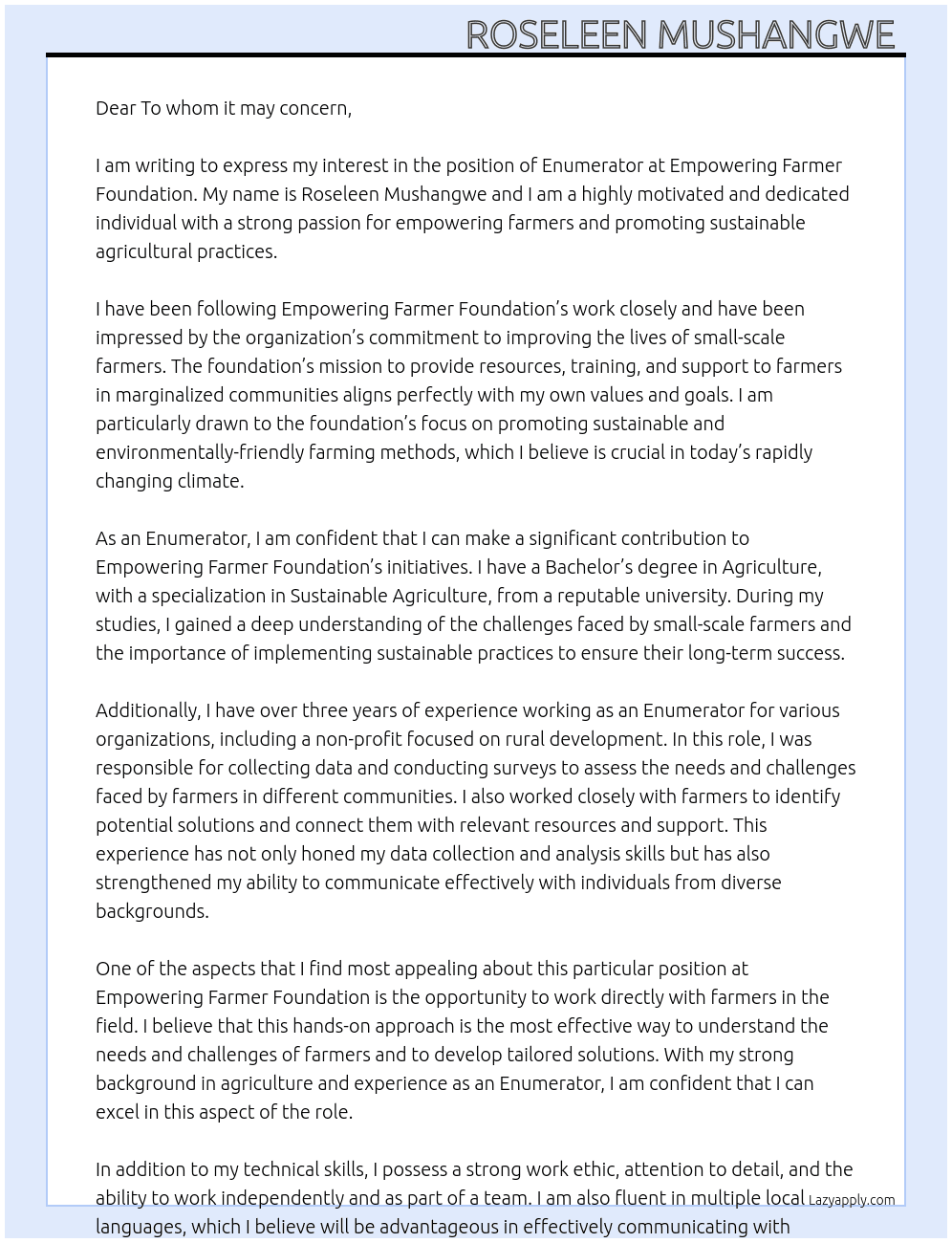 Enumerator  At Empowering Farmer Foundation  Cover Letter