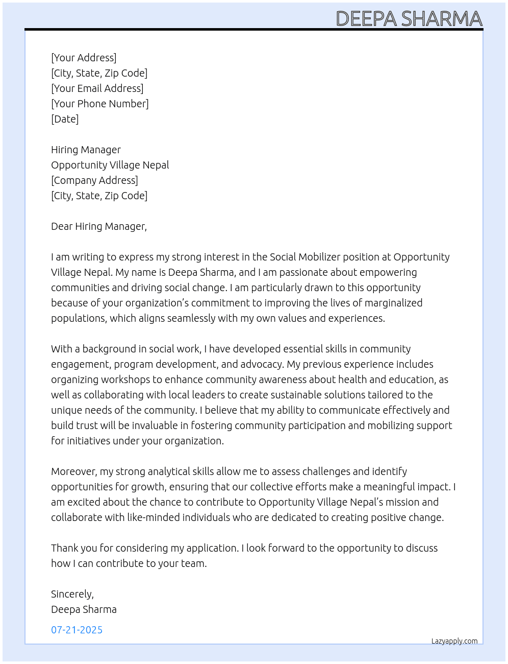 social mobilizer At opportunity village nepal Cover Letter