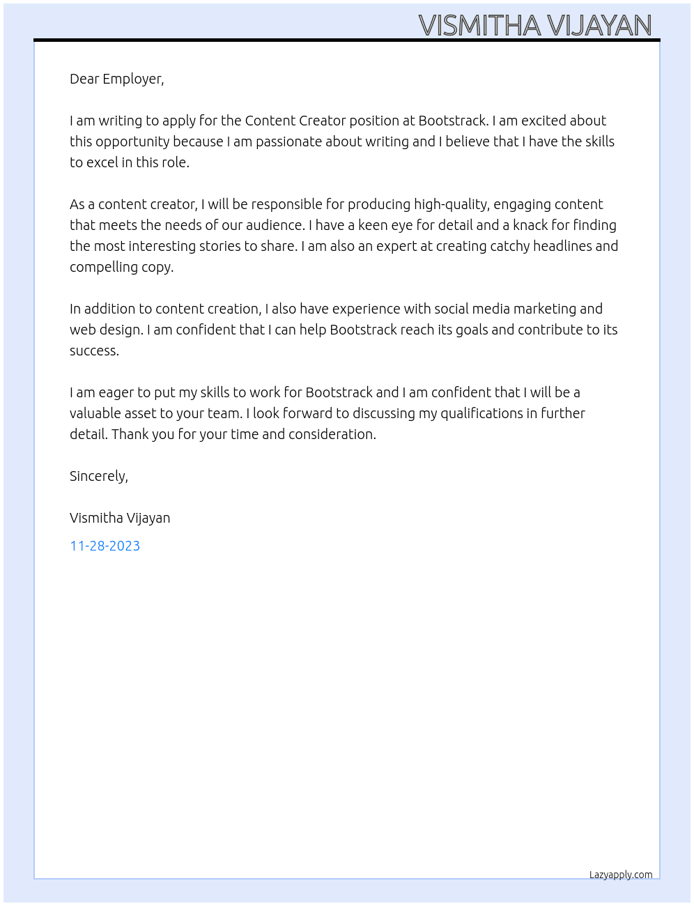 Content Creator At Bootstrack Cover Letter