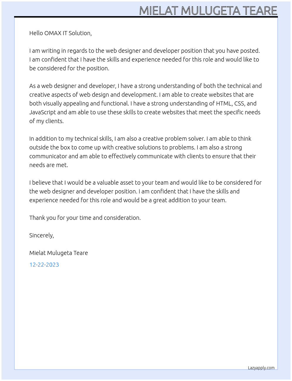WEb designer and developer  At OMAX IT Solution  Cover Letter