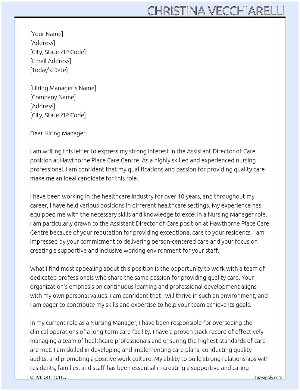 Assisstant Director Of Care At Hawthorne Place Care Centre Cover Letter