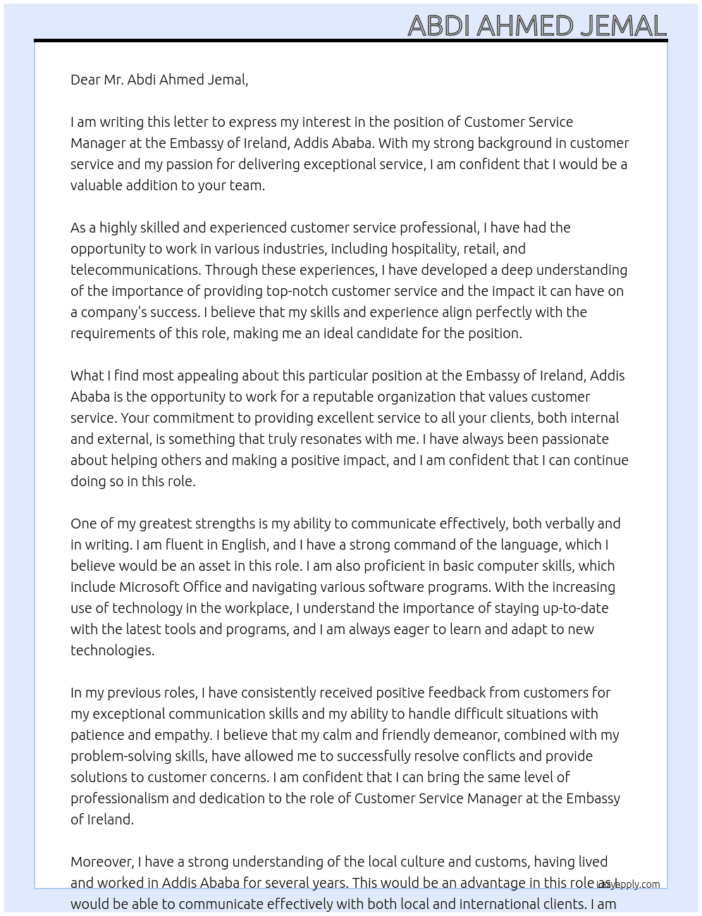 Customer service Manager At Emnassy of Ireland,Addis ababa Cover Letter