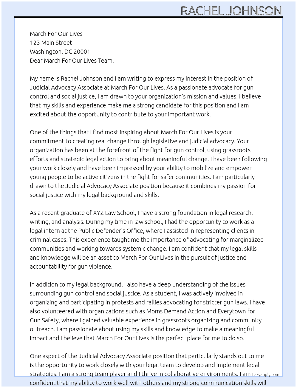 Judicial Advocacy Associate At March For Our Lives Cover Letter