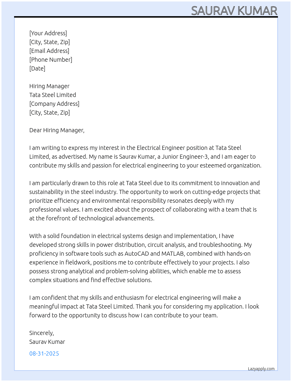 Electrical engineer  At Tata steel limited  Cover Letter