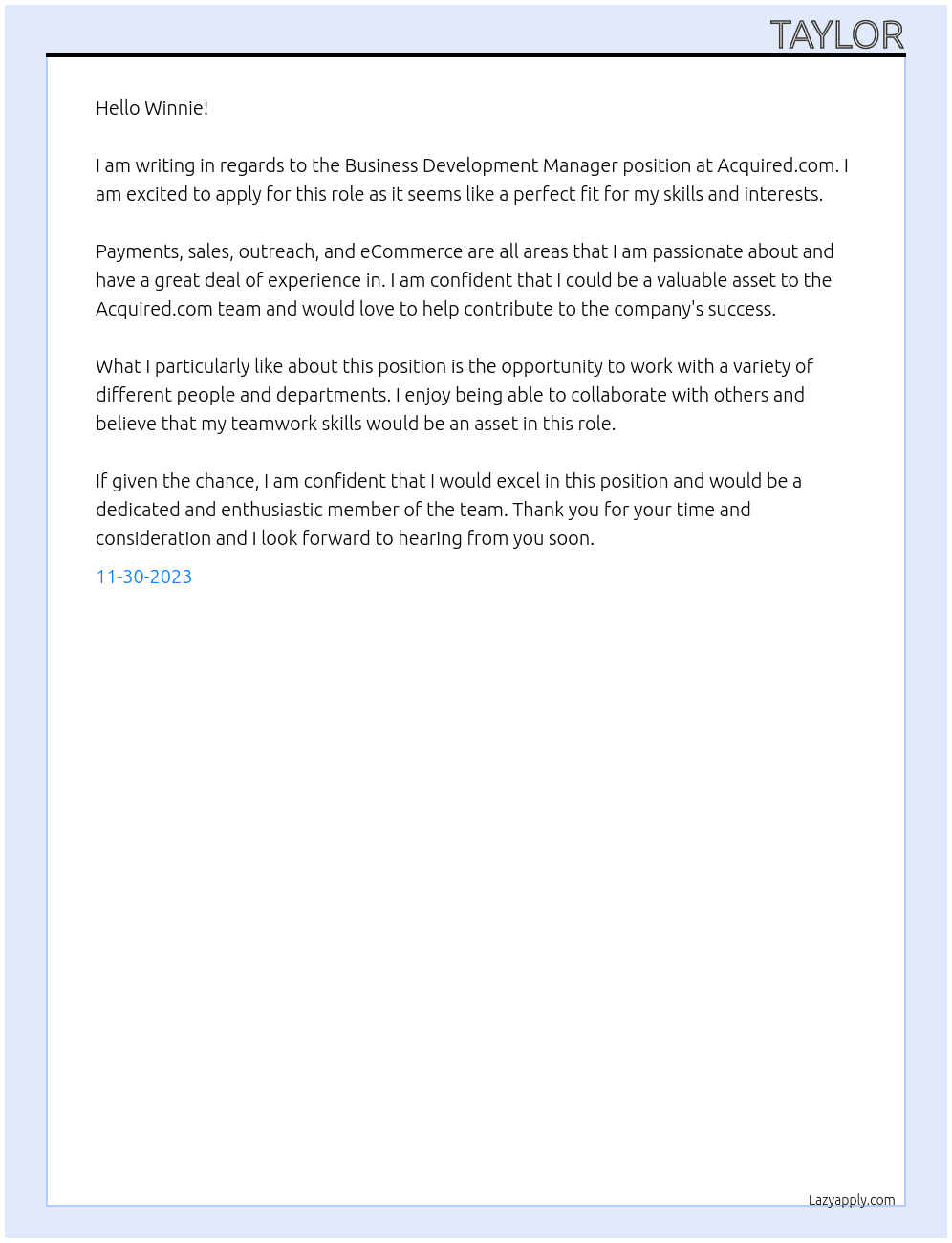 Business Development Manager At Acquired.com Cover Letter