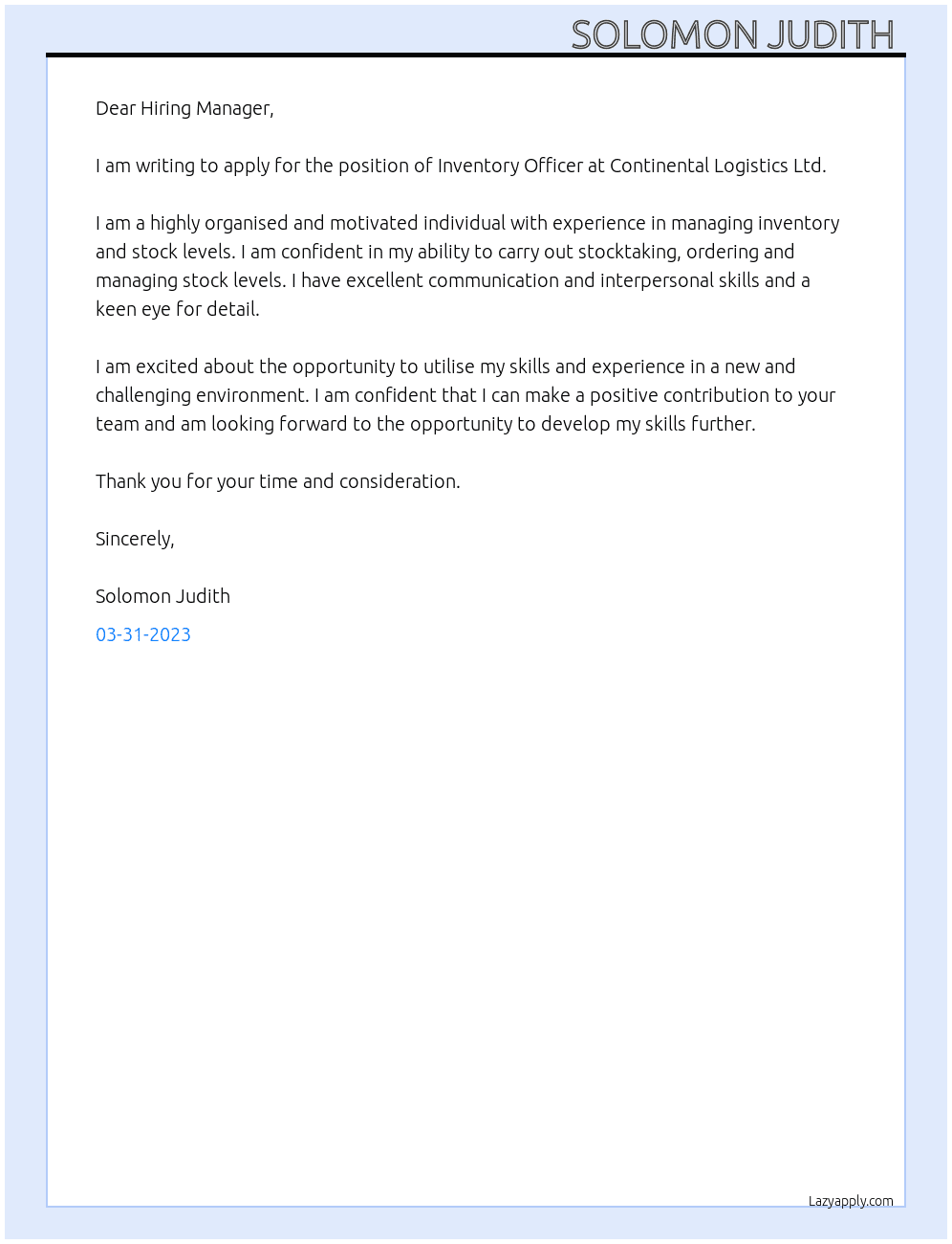 Inventory officer At Continental logistics ltd Cover Letter