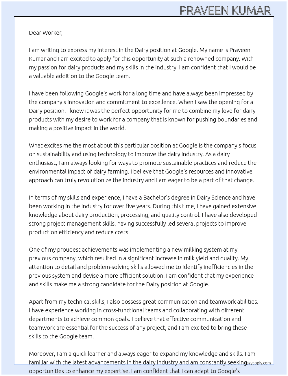 Dairy  At Google  Cover Letter