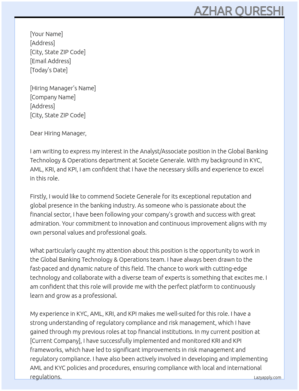 Analyst / Associate - Global Banking Technology & Operations  At Societe Genrale Cover Letter