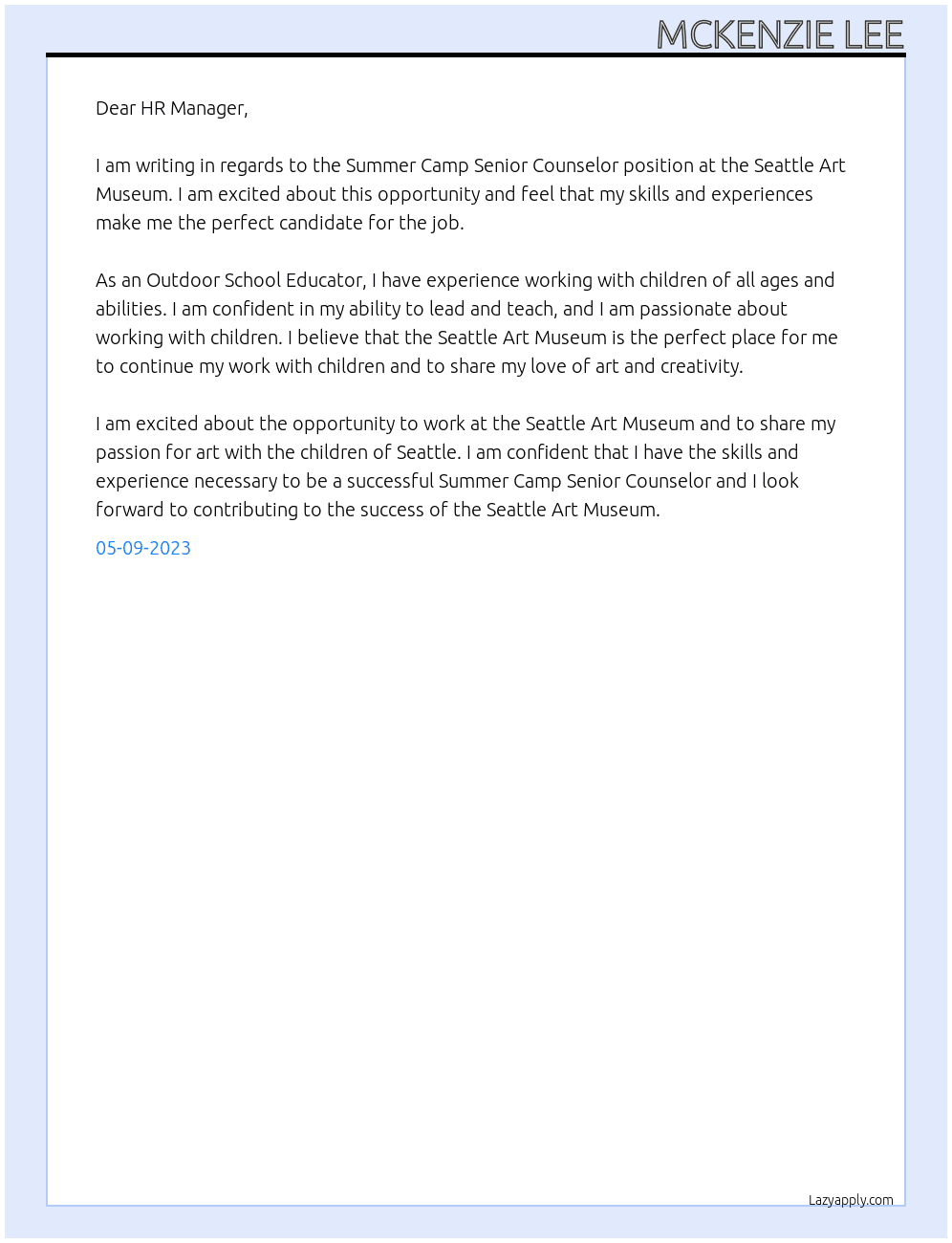 Summer Camp Senior Counselor At Seattle Art Museum Cover Letter