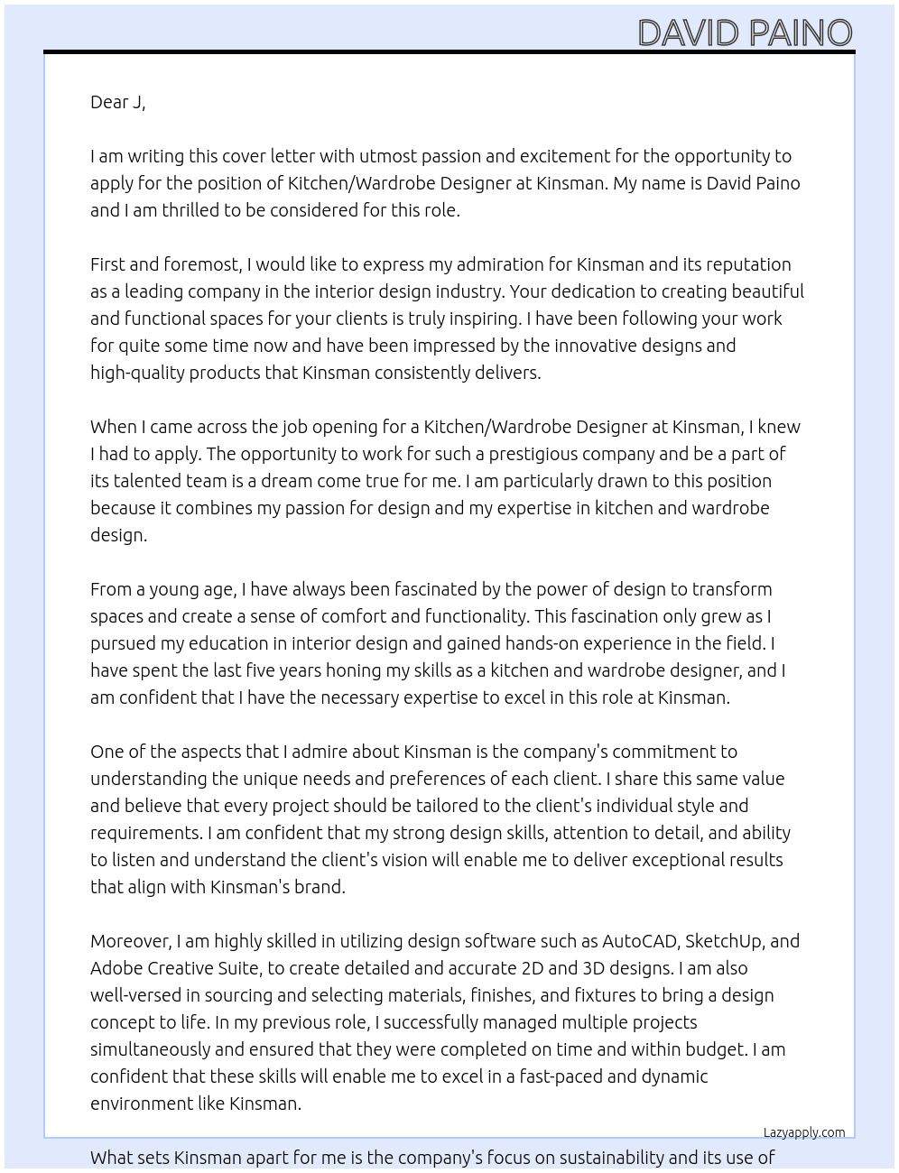Kitchen/Wardrobe Designer At Kinsman Cover Letter