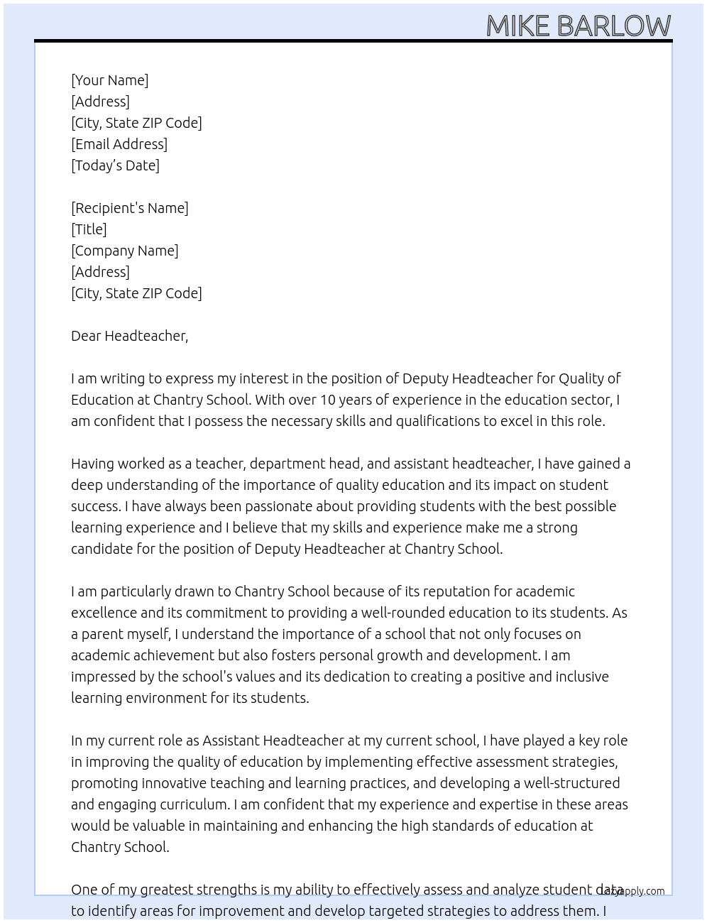 Deputy Headteacher quality of education At Chantry School Cover Letter
