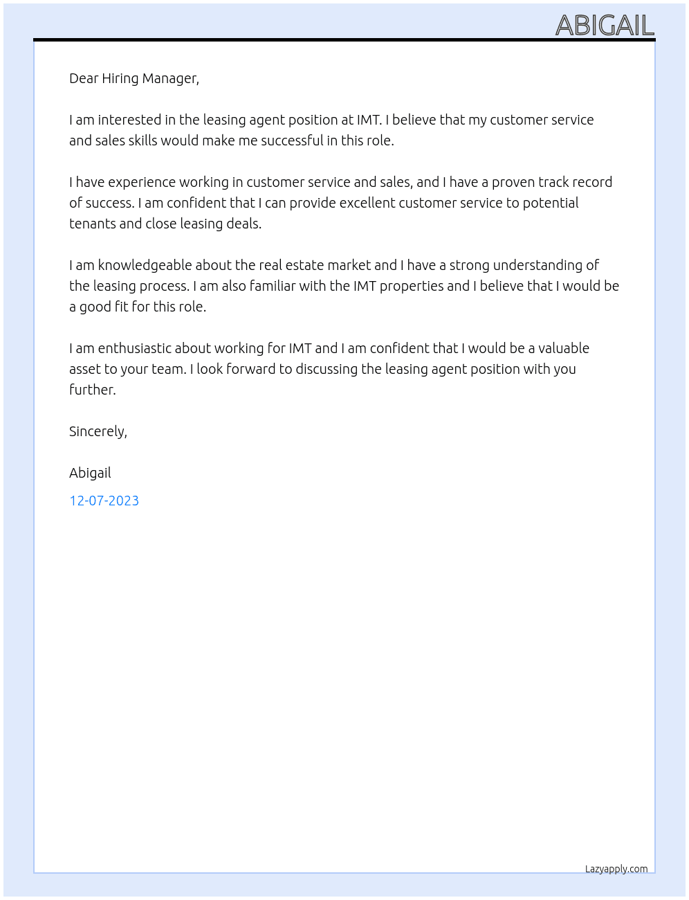 leasing agent At IMT Cover Letter