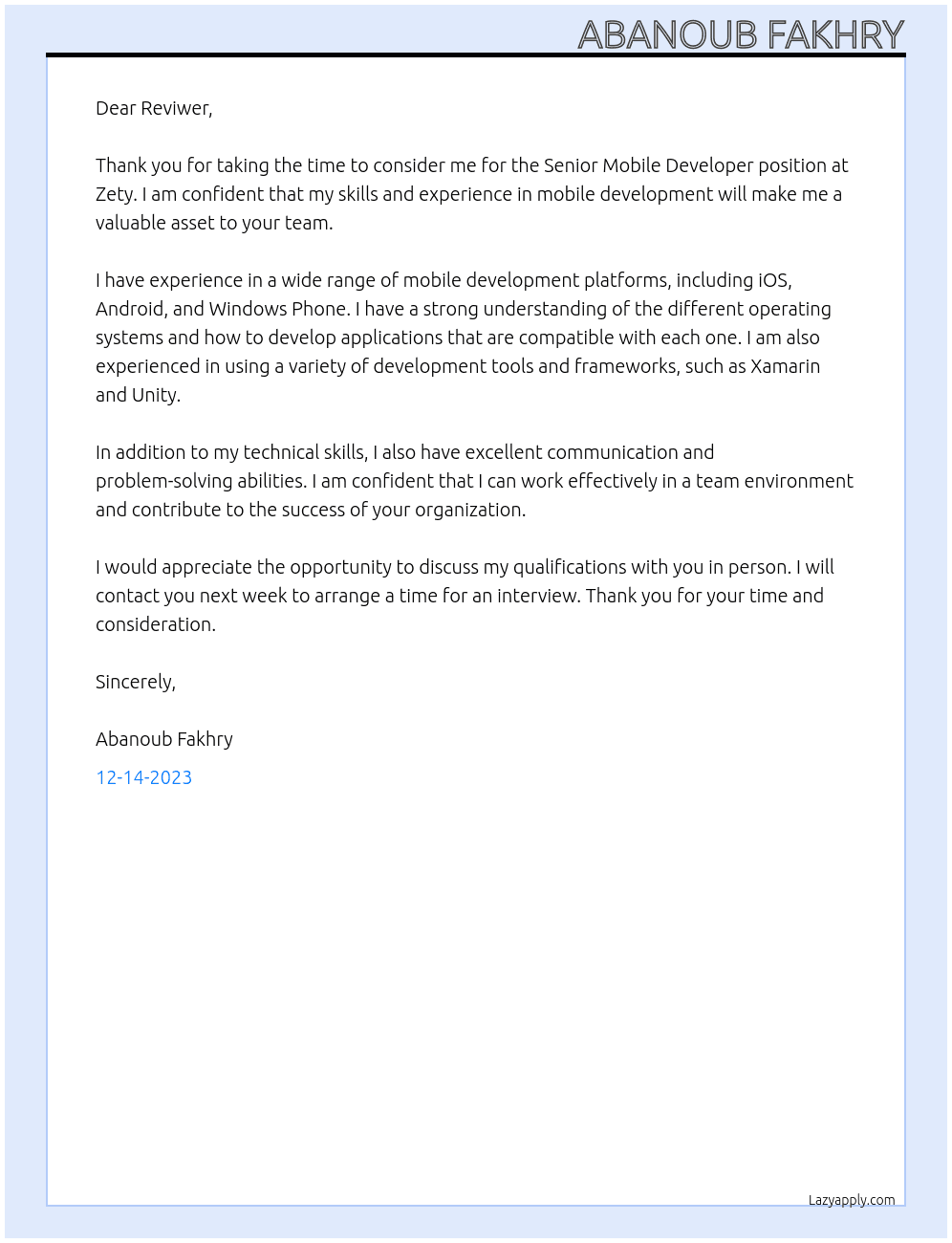 Senior Mobile Developer At Zety Cover Letter
