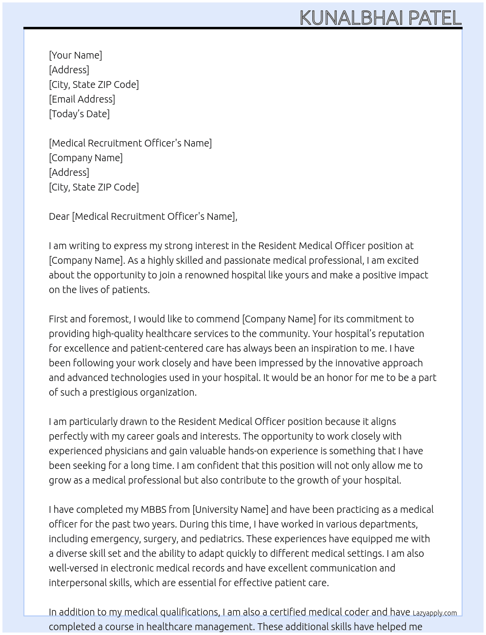 Resident Medical Officer At hospitals Cover Letter