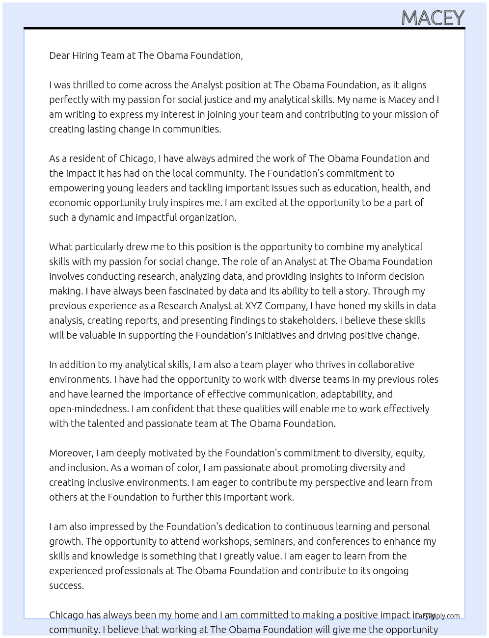 Analyst At The Obama Foundation Cover Letter