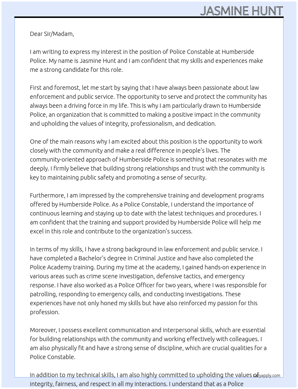 Police constable At Humberside police Cover Letter