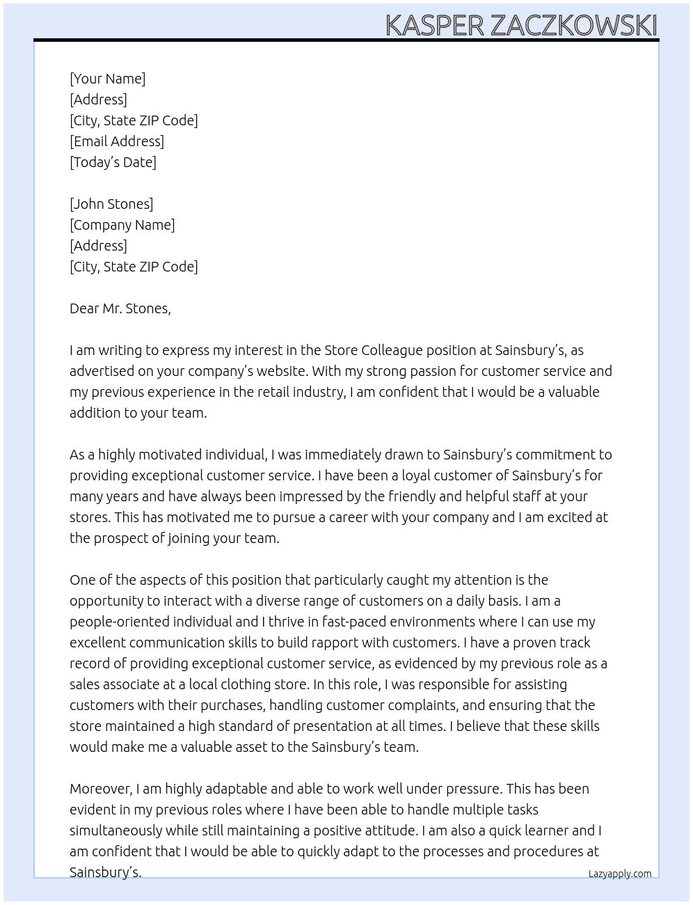 Store colleague At Sainsbury’s Cover Letter