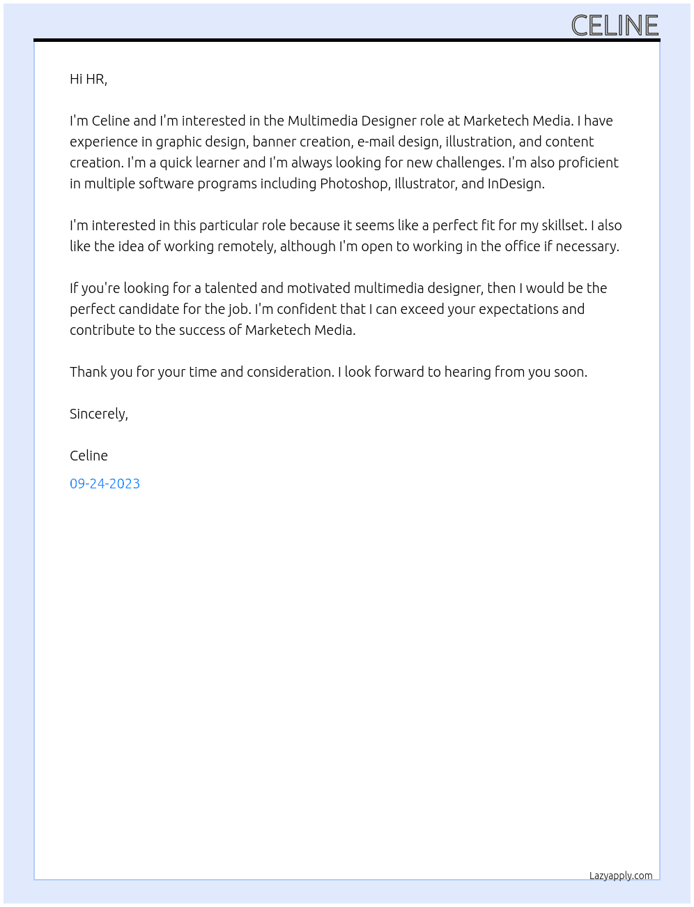 Multimedia Designer At Marketech Media Cover Letter