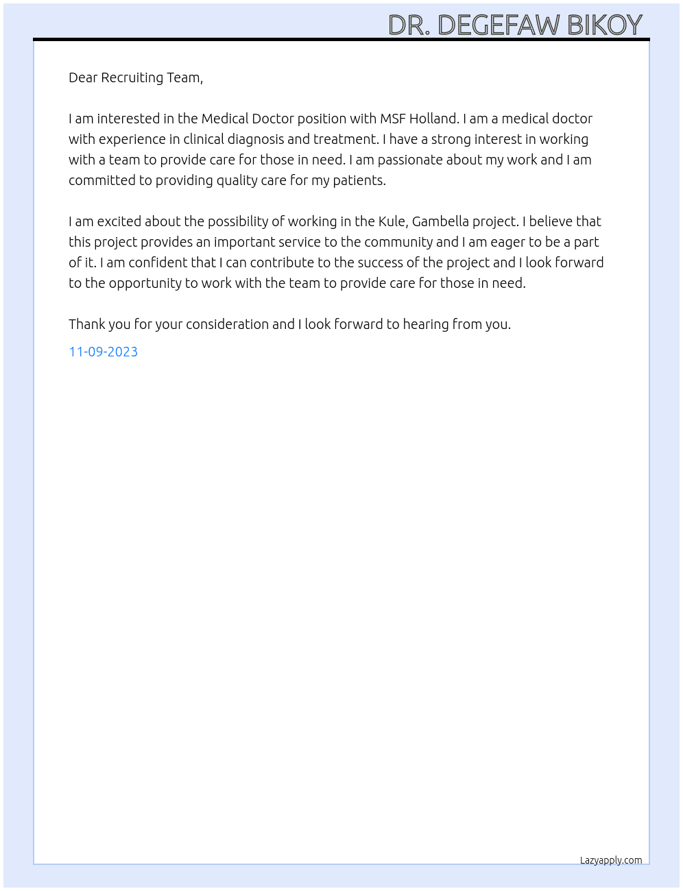 Medical Doctor  At MSF Holland  Cover Letter