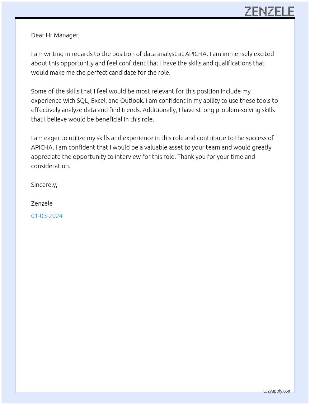 data analyst At APICHA Cover Letter