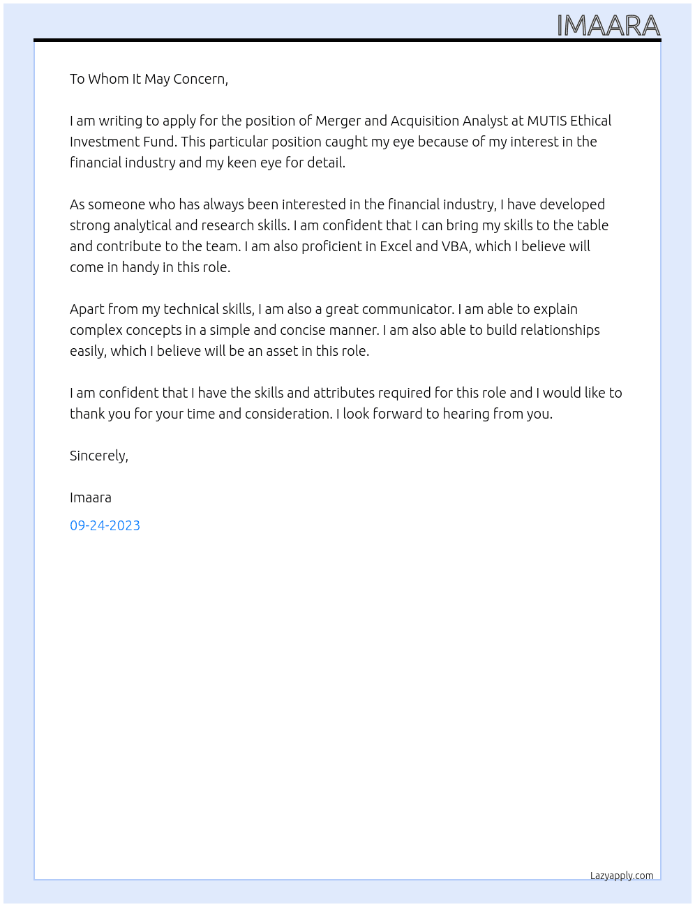 Merger and Acquisition Analyst At MUTIS Ethical Investment Fund Cover Letter