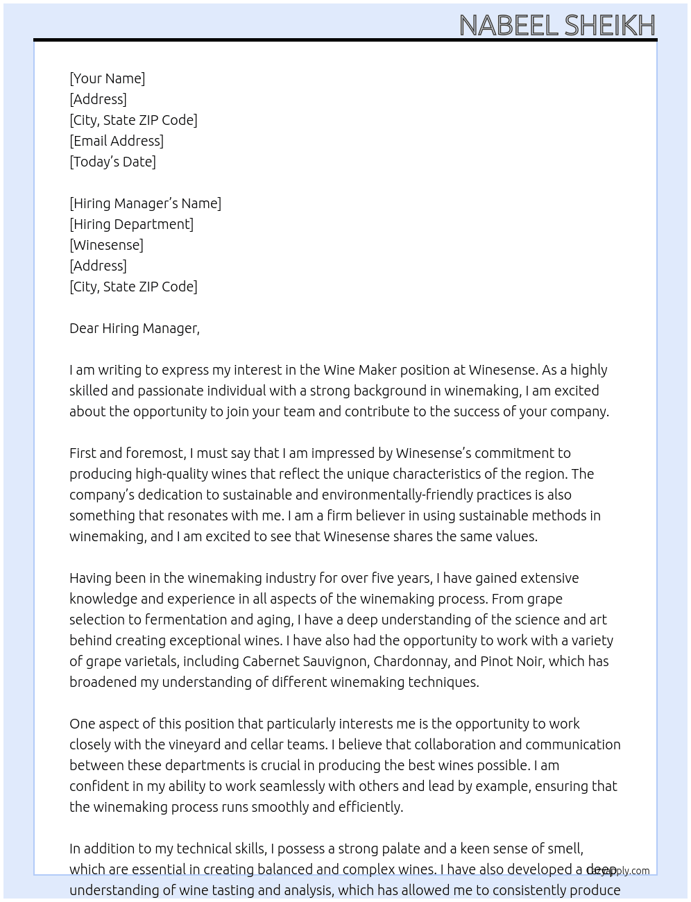 wine maker At Winesense Cover Letter