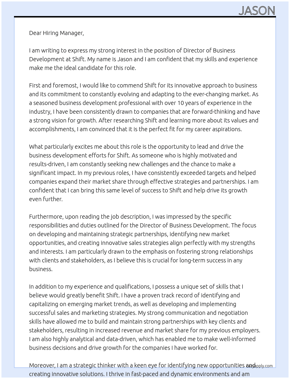Director of Business Development At Shift Cover Letter