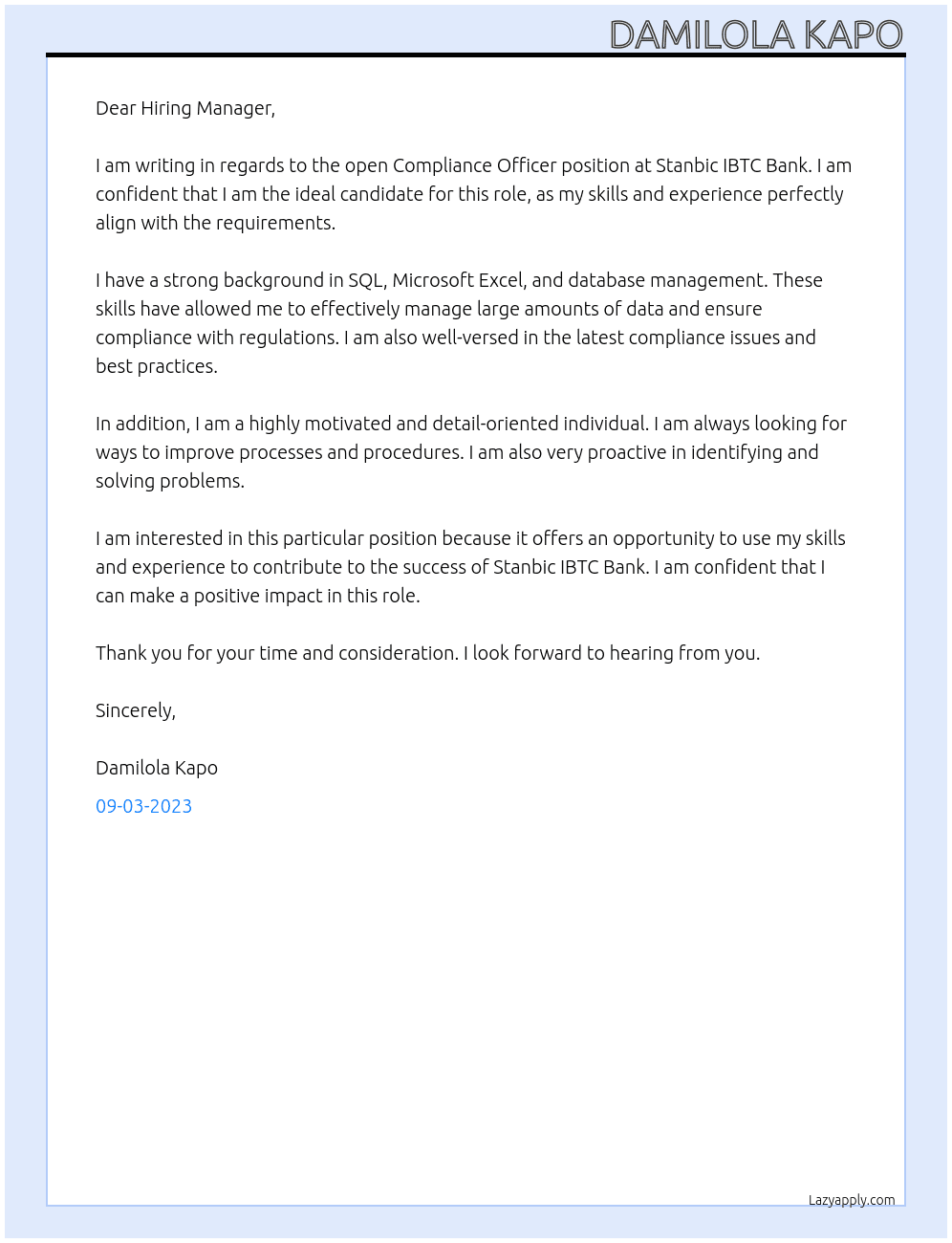 Compliance Officer At Stanbic IBTC Bank Cover Letter