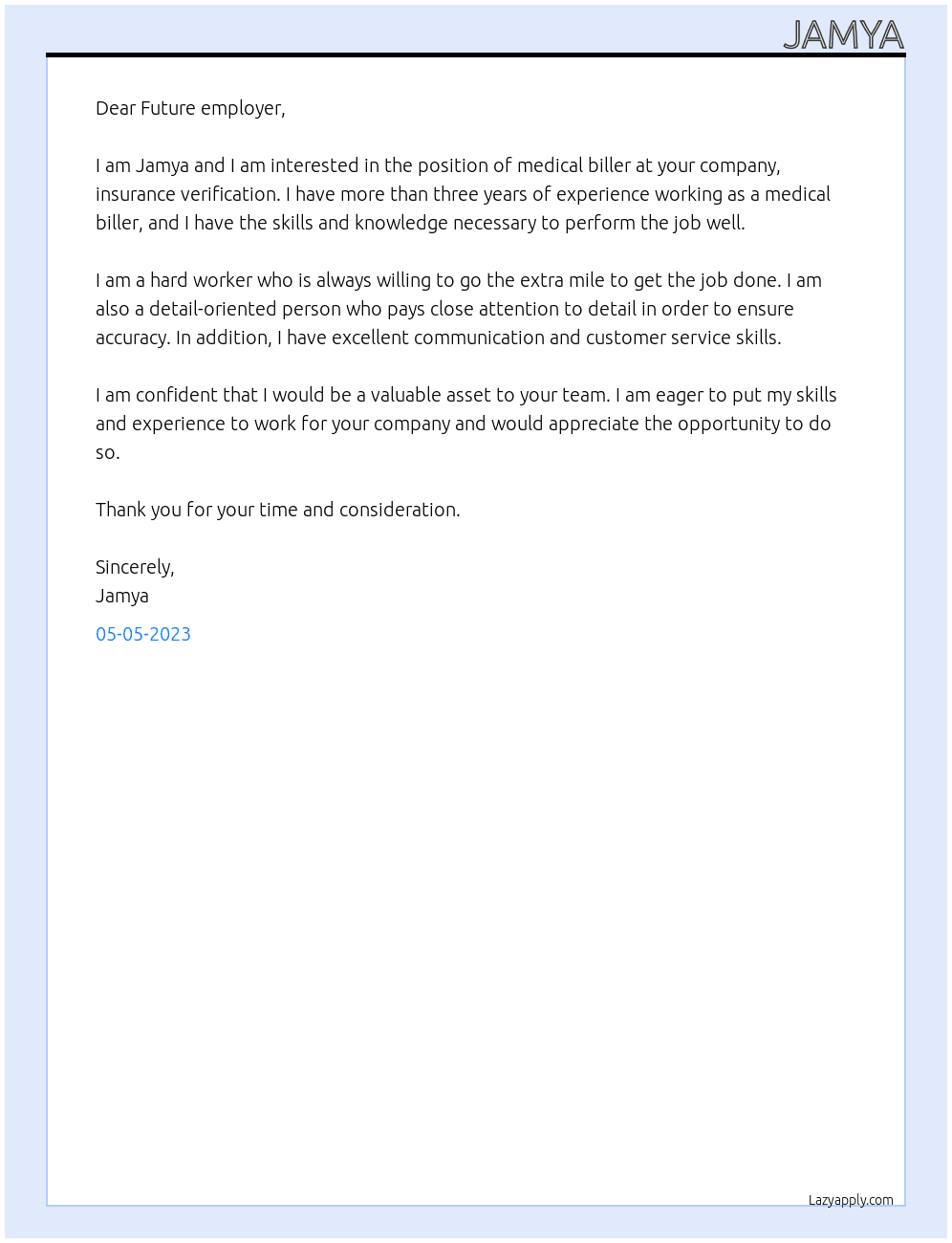 MEDICAL BILLER At insurance verification   Cover Letter