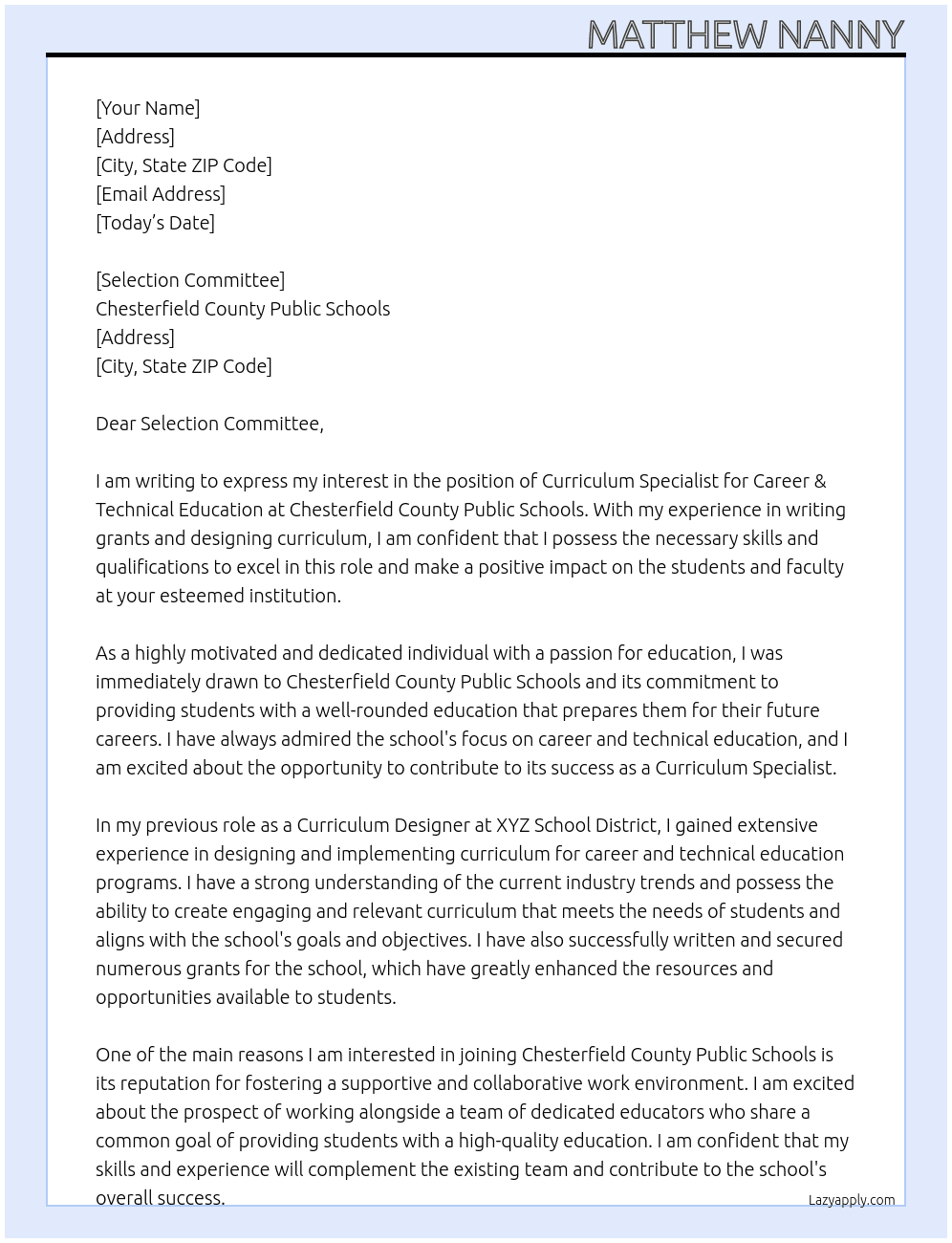 Curriculum Specialist for Career & Technical Education At Chesterfield County Public Schools Cover Letter