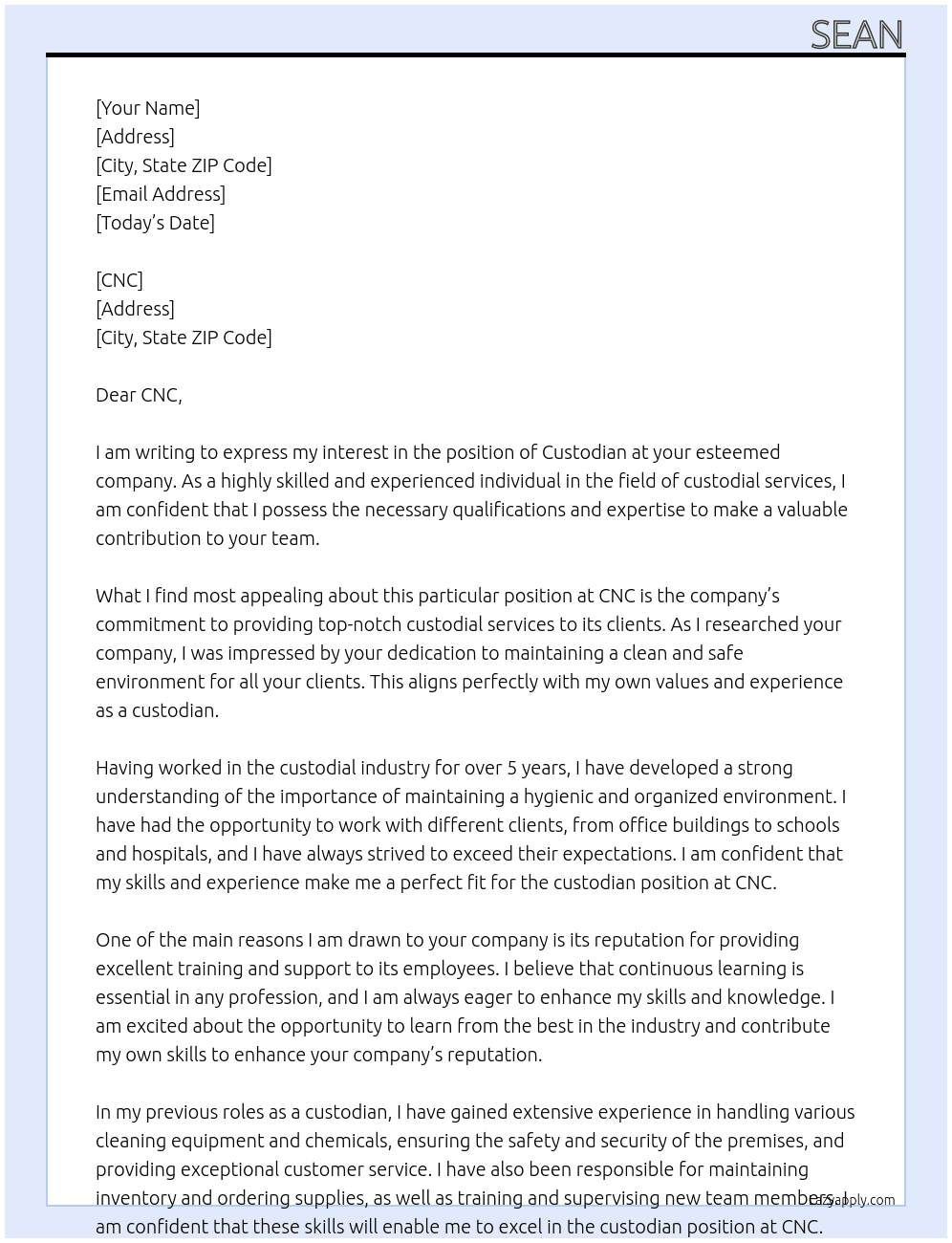 Custodian At CNC Cover Letter