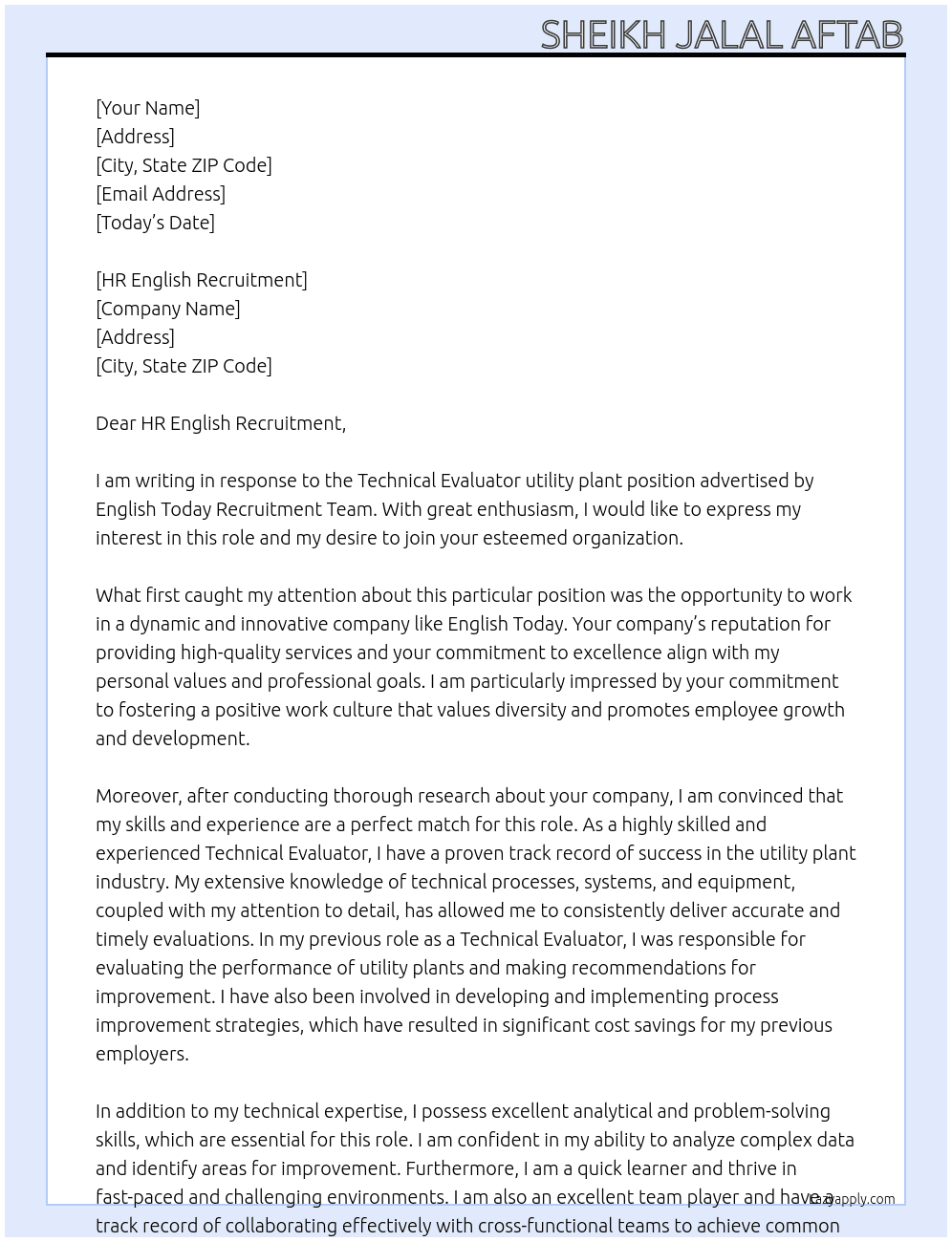 Technical Evaluator utility plant At English Today Recruitment Team Cover Letter