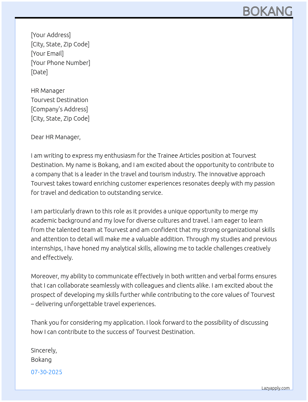 trainee articles At tourvest destination Cover Letter
