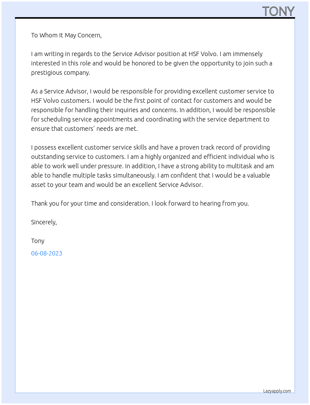 Service Advisor At HSF Volvo Cover Letter