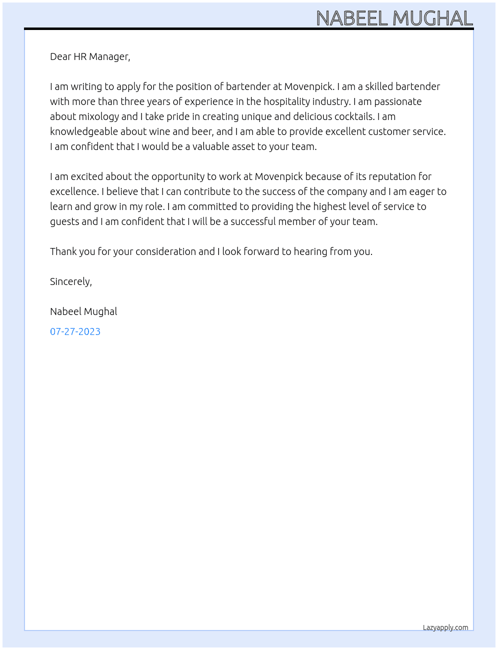 bartender At Movenpick Cover Letter