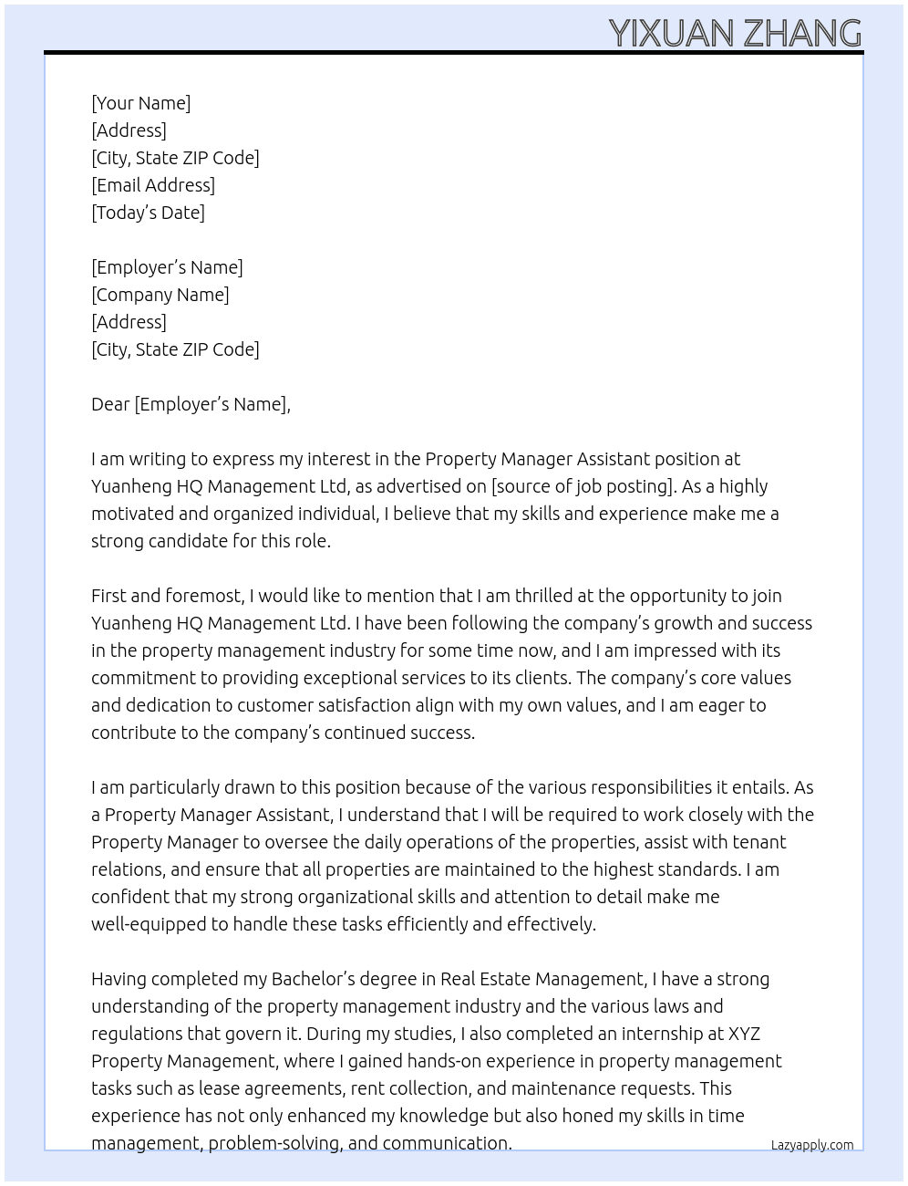 Property Manager Assistant At Yuanheng HQ Management Ltd Cover Letter