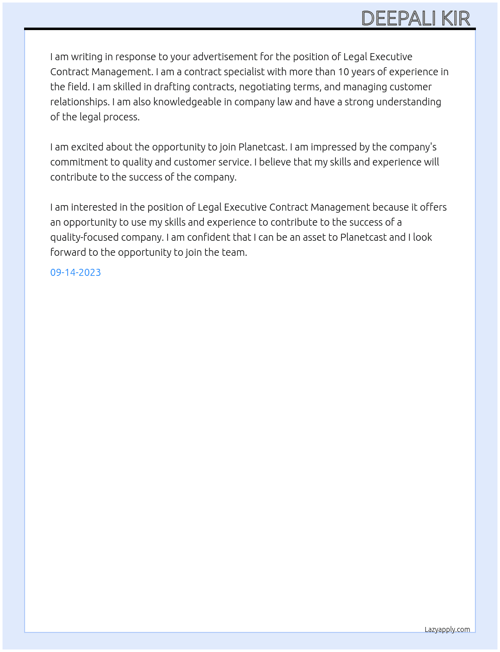 Legal Executive Contract Management  At Planetcast Cover Letter